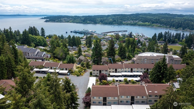 bird's eye view with a water view