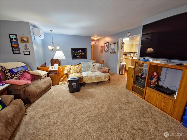 carpeted living room featuring a chandelier and an AC wall unit