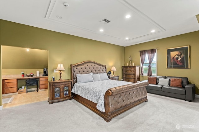 bedroom with light colored carpet