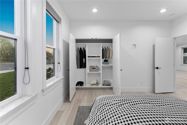 bedroom with multiple windows, light hardwood / wood-style floors, and a closet