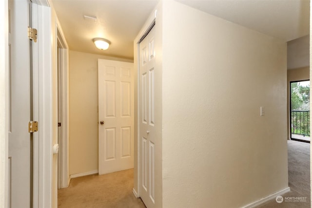 hall featuring light colored carpet