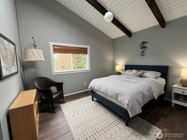 bedroom with vaulted ceiling with beams, wood finished floors, wood ceiling, and baseboards