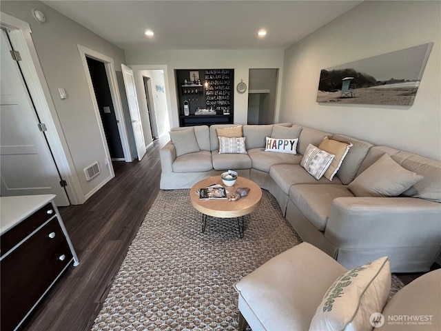 373 Sand Dune Ave NW, Ocean Shores, WA 98569 - living room with a bar, dark wood-type flooring, recessed lighting, and baseboards