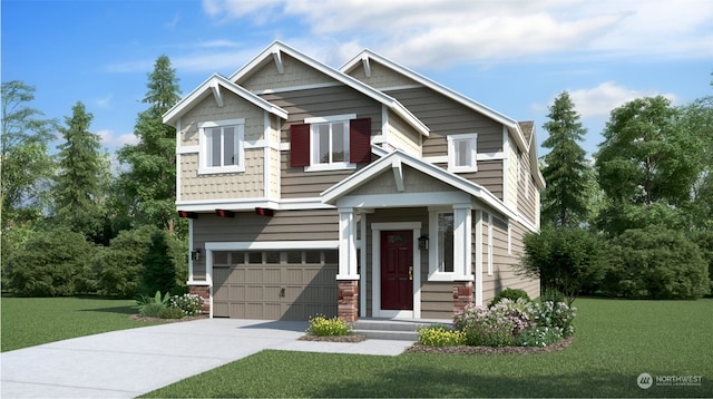 craftsman inspired home featuring a front yard and a garage