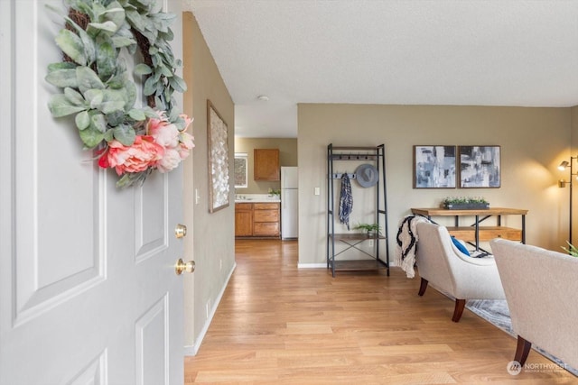 entryway featuring light hardwood / wood-style floors and a textured ceiling