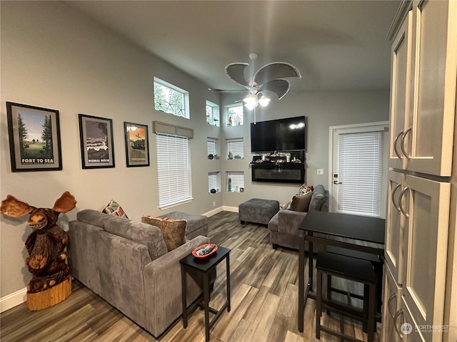 living room with ceiling fan and wood-type flooring