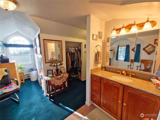 bathroom with vanity and vaulted ceiling