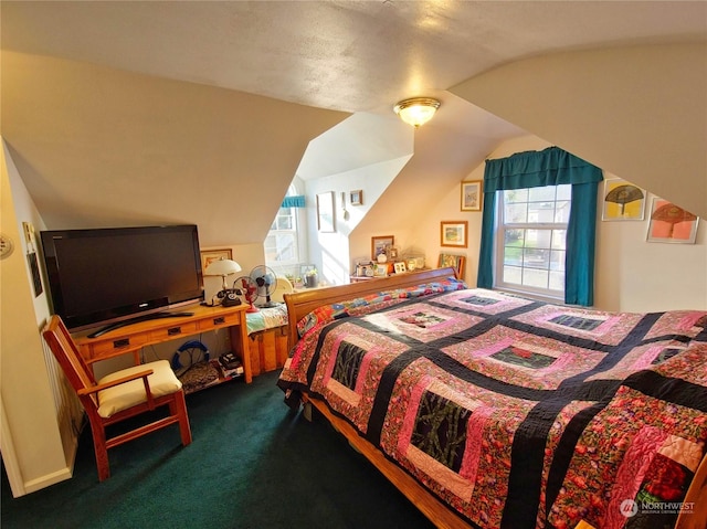 bedroom featuring carpet and vaulted ceiling