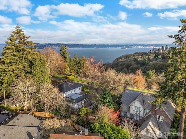 drone / aerial view featuring a water view