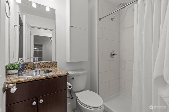 bathroom with a shower with curtain, toilet, and vanity