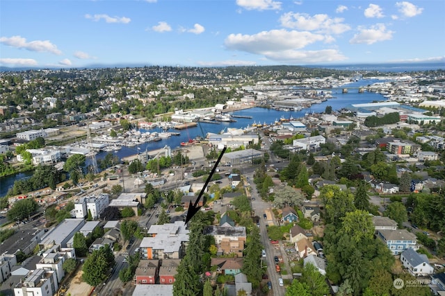 aerial view featuring a water view