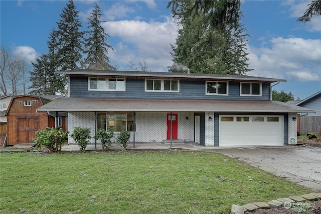 front of property with covered porch, a storage unit, a garage, and a front yard