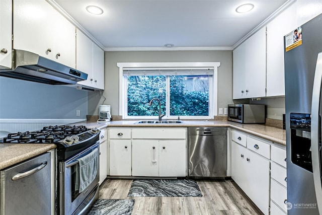 kitchen with white cabinetry, sink, ornamental molding, and appliances with stainless steel finishes