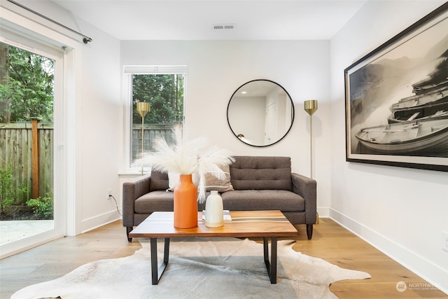 living area with light hardwood / wood-style floors and plenty of natural light