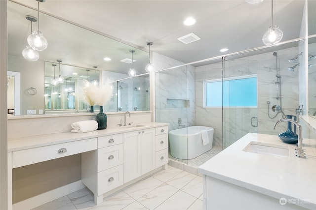 bathroom with plus walk in shower and vanity