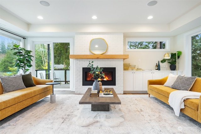 living room featuring a fireplace and light wood-type flooring