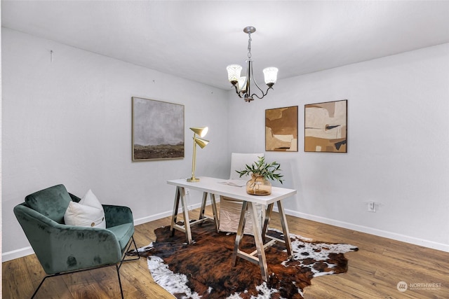 office featuring a notable chandelier and wood-type flooring