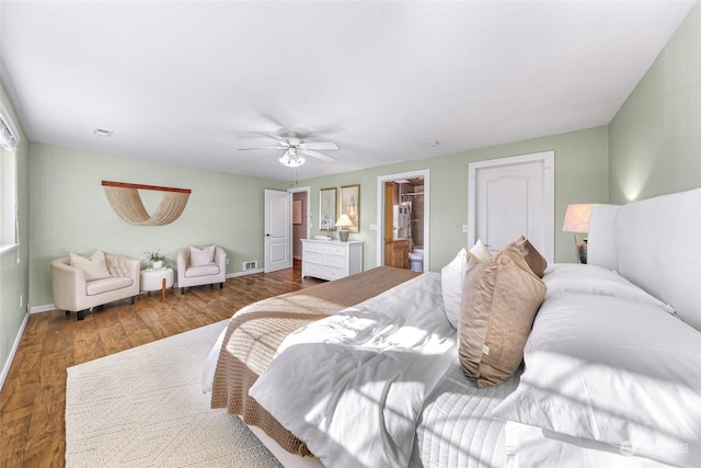 bedroom featuring wood-type flooring, a closet, and ceiling fan