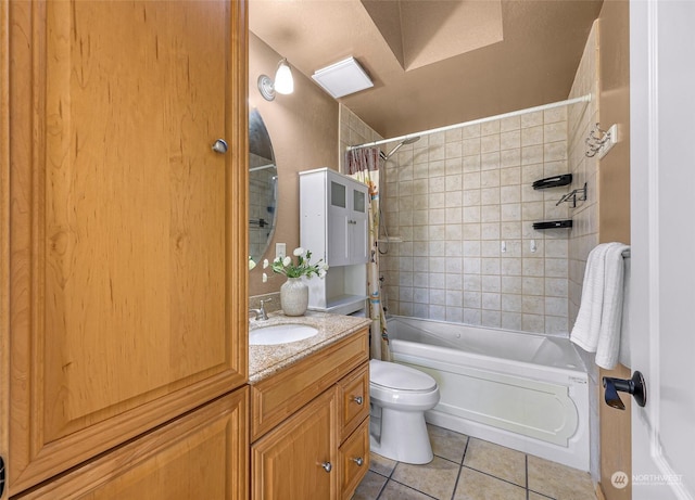 full bathroom with vanity, tile patterned flooring, toilet, and shower / tub combo with curtain