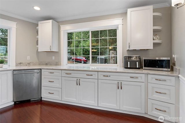 kitchen featuring dark wood finished floors, crown molding, open shelves, appliances with stainless steel finishes, and white cabinets