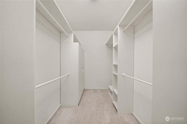 walk in closet featuring light carpet