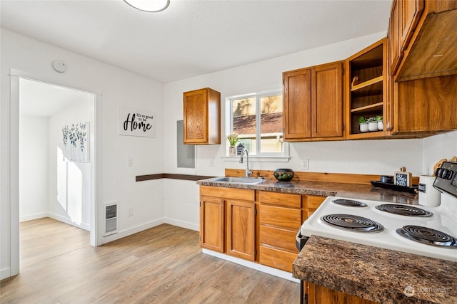 kitchen featuring light hardwood / wood-style floors, white range with electric stovetop, and sink