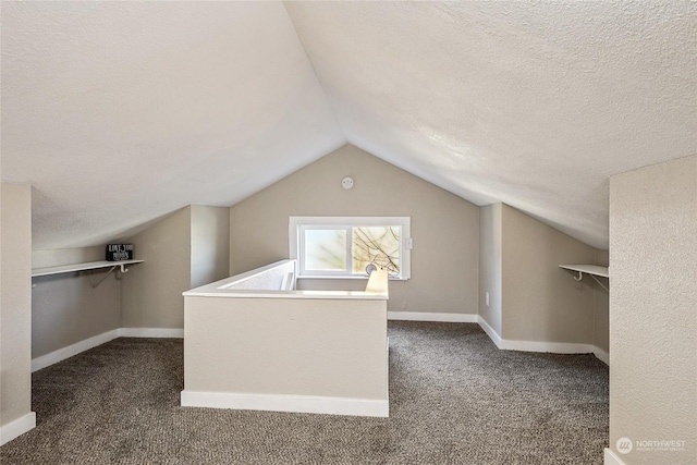 spacious closet featuring dark colored carpet and vaulted ceiling