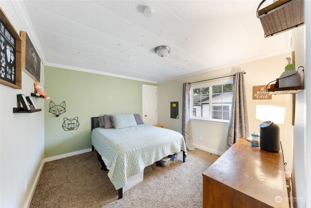 bedroom featuring carpet flooring and ornamental molding