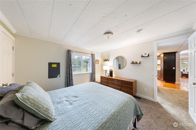 carpeted bedroom with a textured ceiling, electric panel, and crown molding