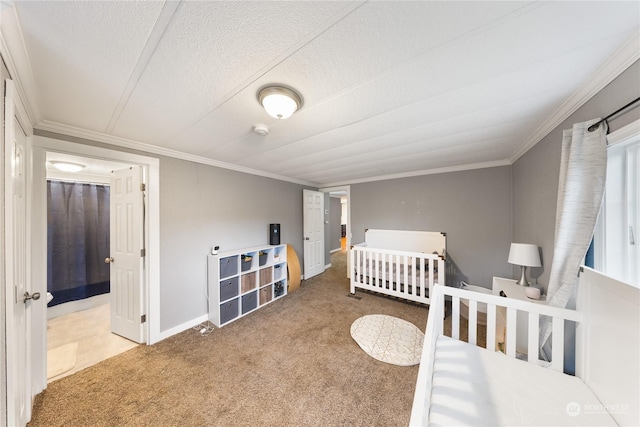 bedroom featuring carpet floors and ornamental molding