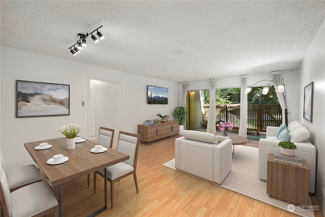 living room with light wood-type flooring, a textured ceiling, and track lighting