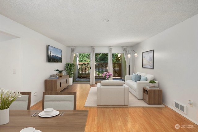 living room with light hardwood / wood-style floors and a textured ceiling