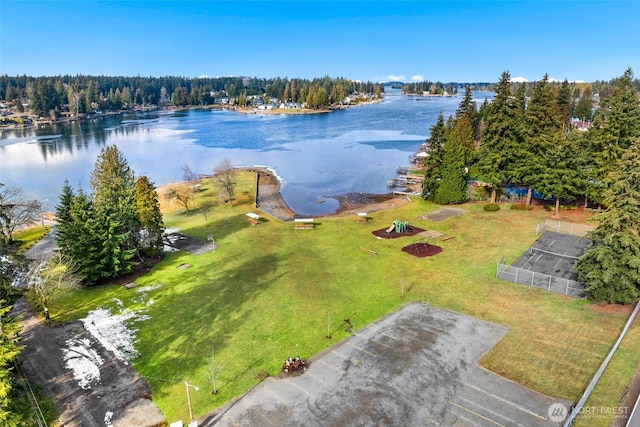 drone / aerial view with a water view