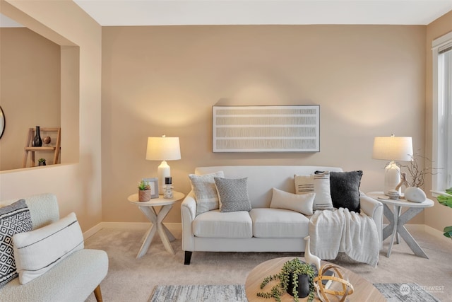 living room featuring light colored carpet