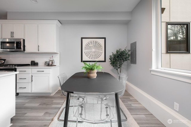 dining room with light wood-type flooring and electric panel