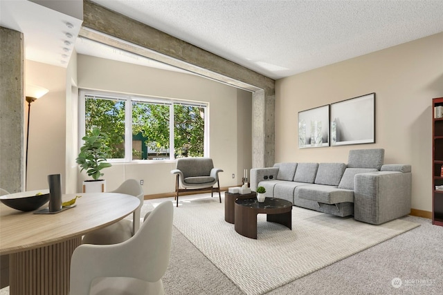 living room featuring carpet and a textured ceiling