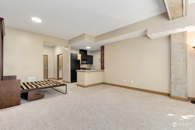 unfurnished living room featuring sink, light colored carpet, and a textured ceiling