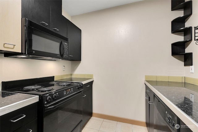 kitchen featuring light tile patterned flooring and black appliances