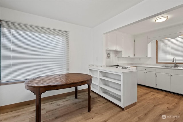 kitchen featuring white cabinets, light hardwood / wood-style flooring, kitchen peninsula, and sink