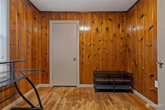 interior space featuring hardwood / wood-style flooring and wood walls