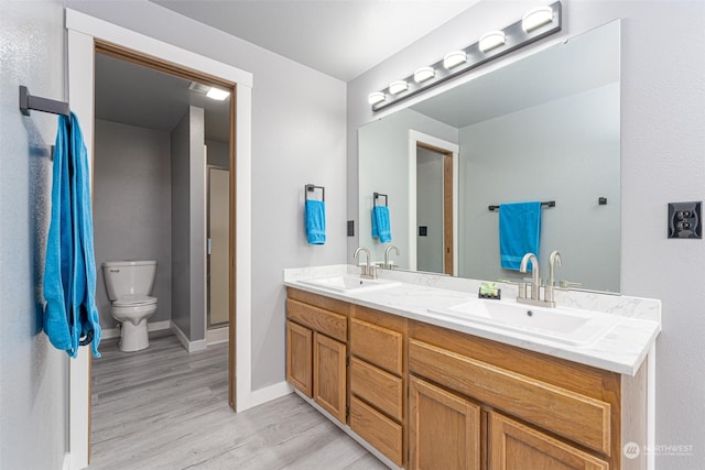 bathroom with wood-type flooring, vanity, and toilet