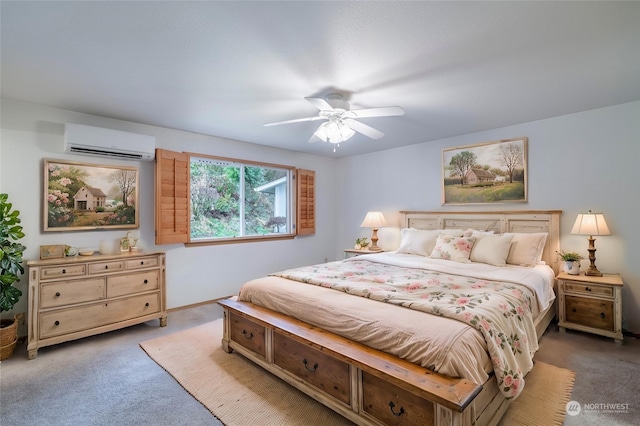 carpeted bedroom featuring ceiling fan and a wall unit AC