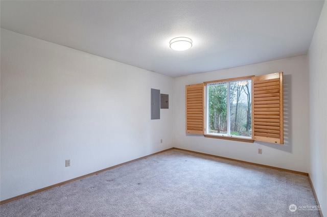 spare room with carpet flooring and electric panel