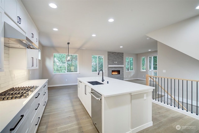 kitchen with a sink, tasteful backsplash, appliances with stainless steel finishes, and light wood finished floors