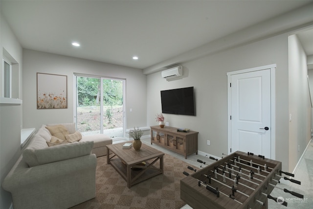 living room featuring recessed lighting, baseboards, carpet, and a wall unit AC