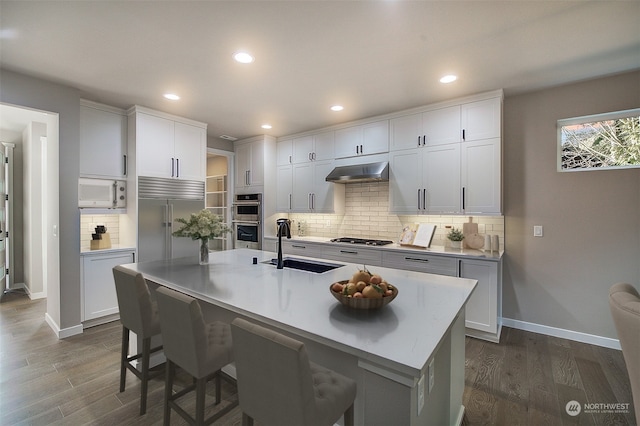 kitchen featuring under cabinet range hood, stainless steel appliances, dark wood-style flooring, and a sink