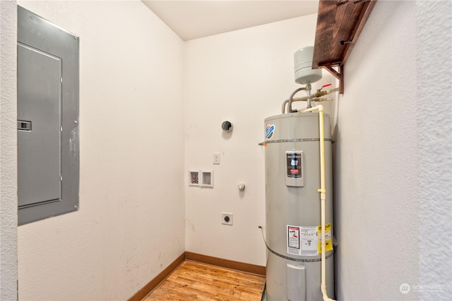 utility room with strapped water heater and electric panel