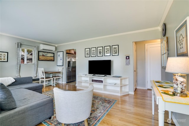 living room with light wood-type flooring, an AC wall unit, and crown molding