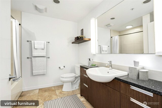 full bathroom featuring vanity, toilet, and shower / bathtub combination with curtain