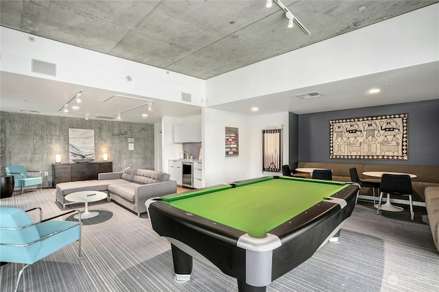 game room featuring beverage cooler, carpet floors, rail lighting, and billiards